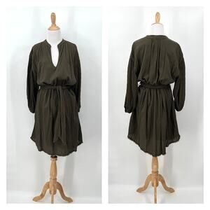 PHARAOH COLLECTION Cotton Gauze Dress Women Small Olive Green Belted Balloon NEW